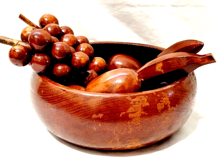 Handcrafted Vintage Wooden Fruit Bowl and 13 Piece Fruit Included MCM Wooden Art