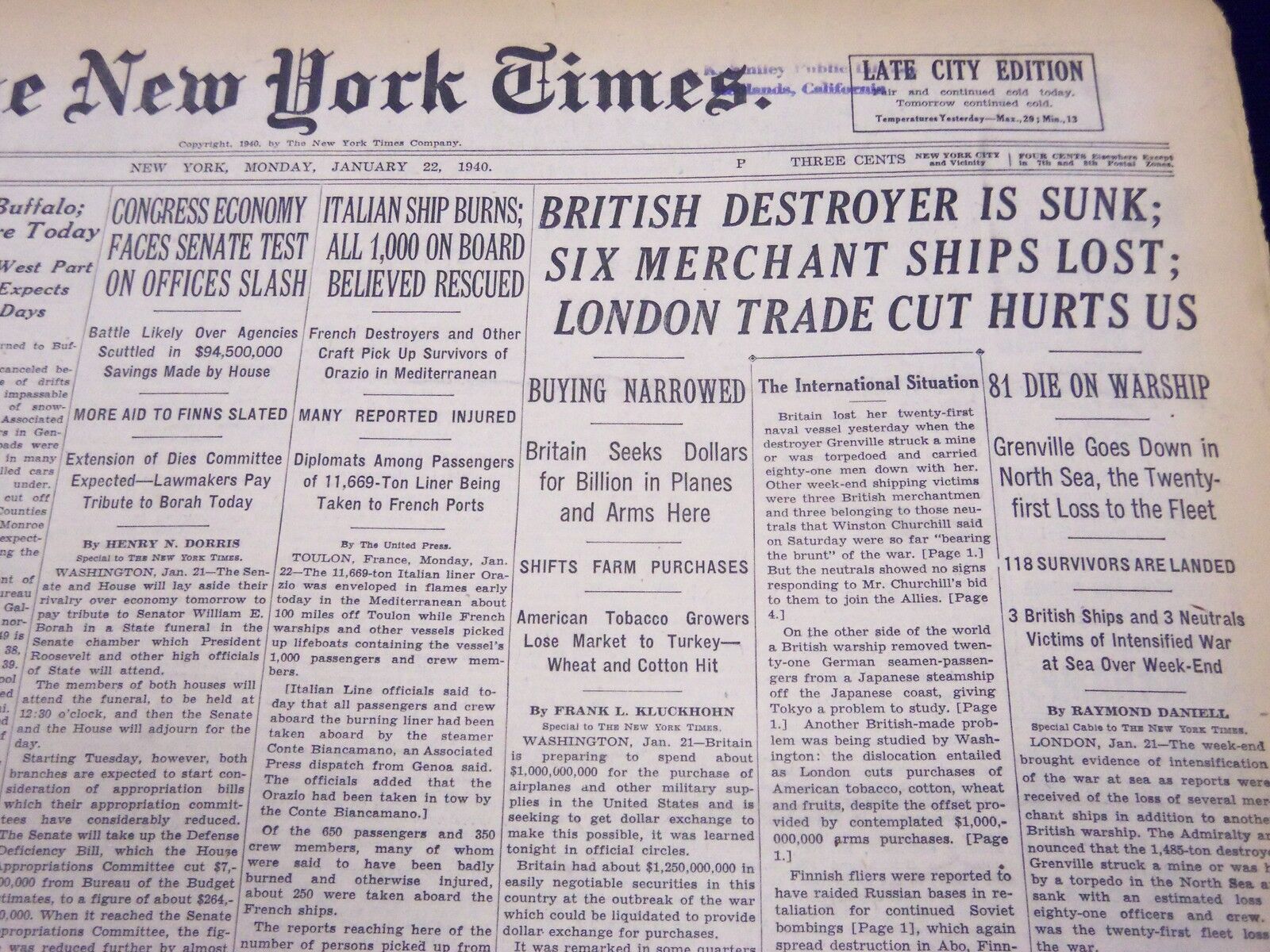 1940 JANUARY 22 NEW YORK TIMES - BRITISH DESTROYER IS SUNK - NT 208
