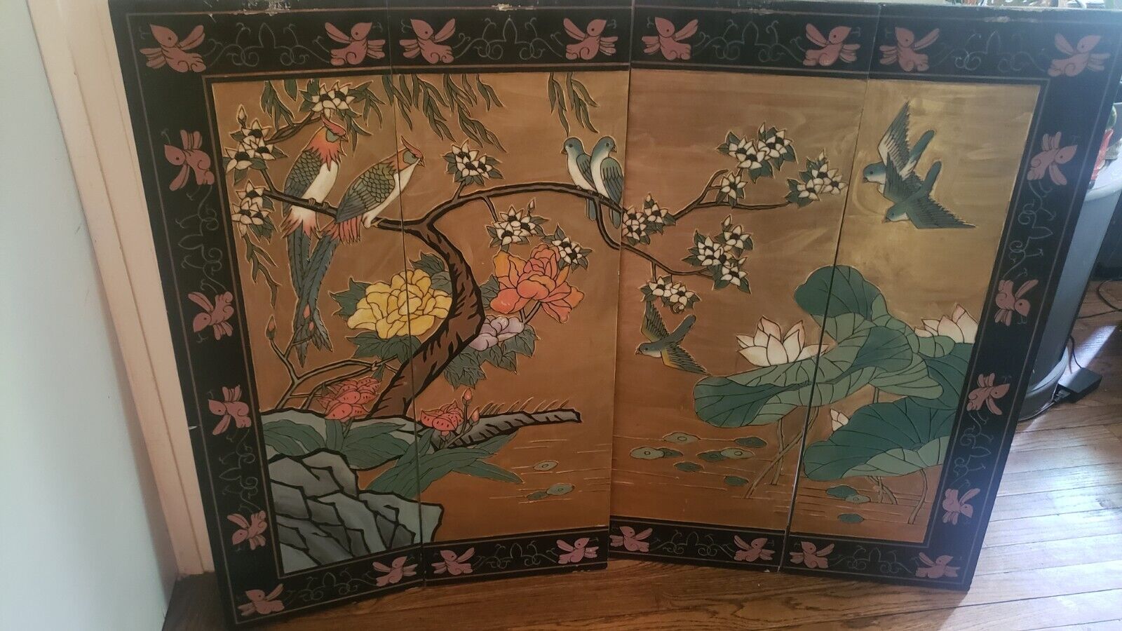 Antique HandPainted Gold Lacquered Chinese Hanging Wall Wood Panel  38 x 48\