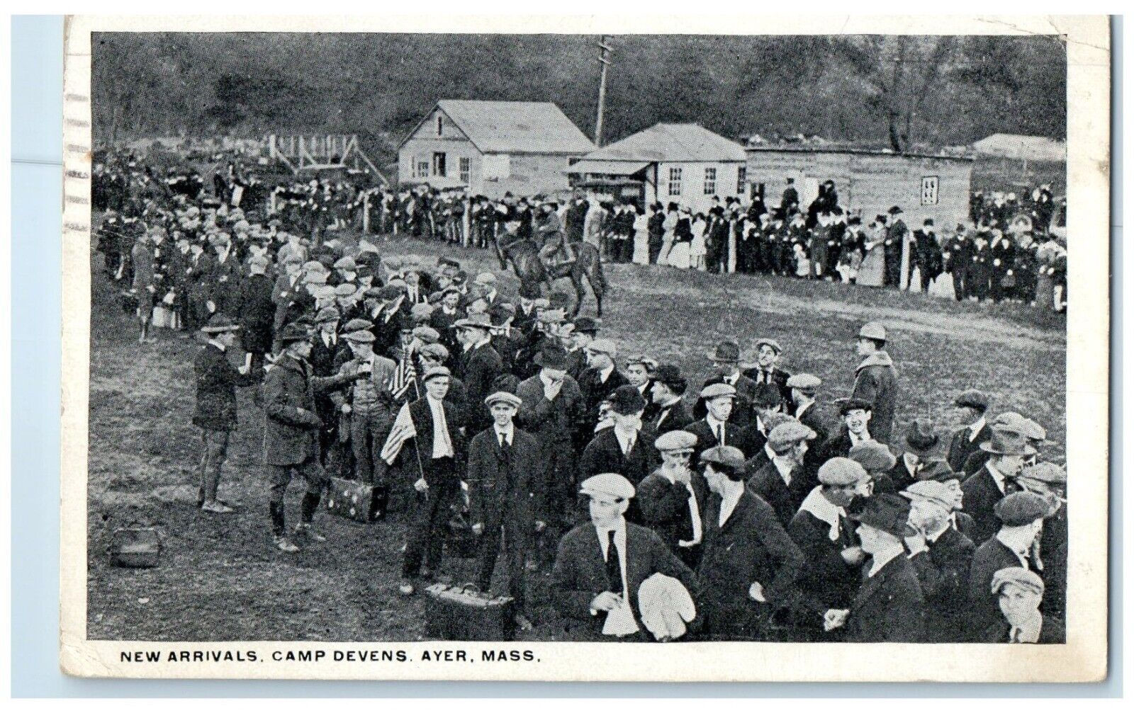 1917 New Arrivals Fall In Line Crowd Camp Devens Ayer Massachusetts MA Postcard