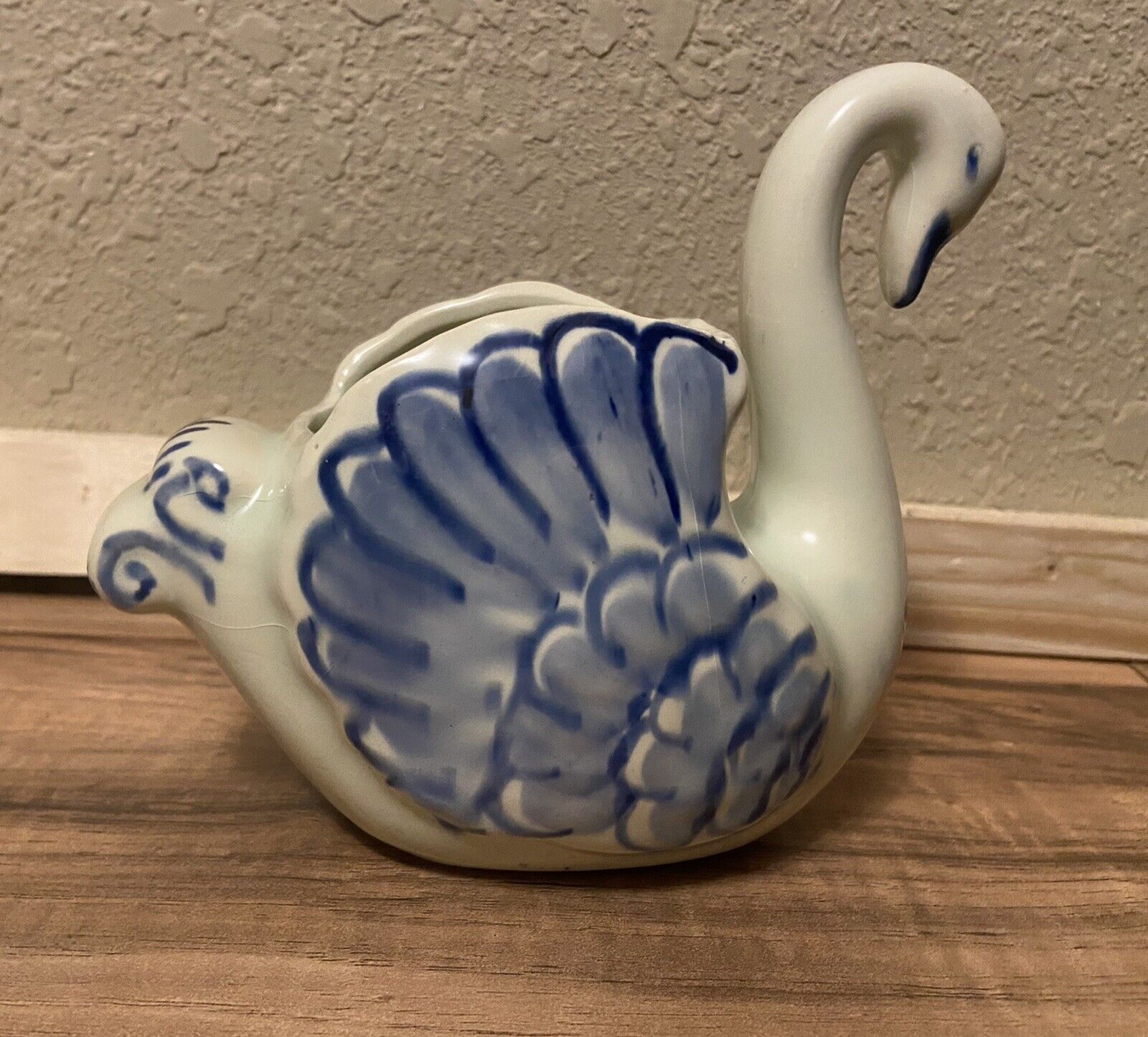 Vintage Delfts Blauw Hand Painted Swan Planter Ceramic Pottery Blue White Delft