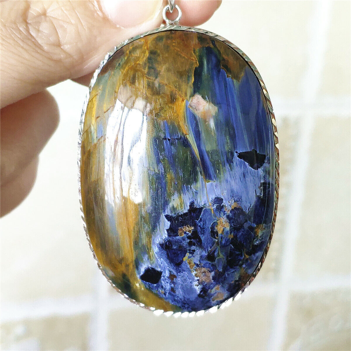 Natural Blue Yellow Pietersite Chatoyant Oval Namibia Pendant 61x42x10mm AAAA