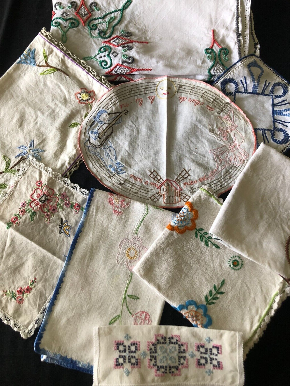 Job Lot Pretty 9 Vintage French Teatime Hand Embroidered Table Cloths c1940/50s