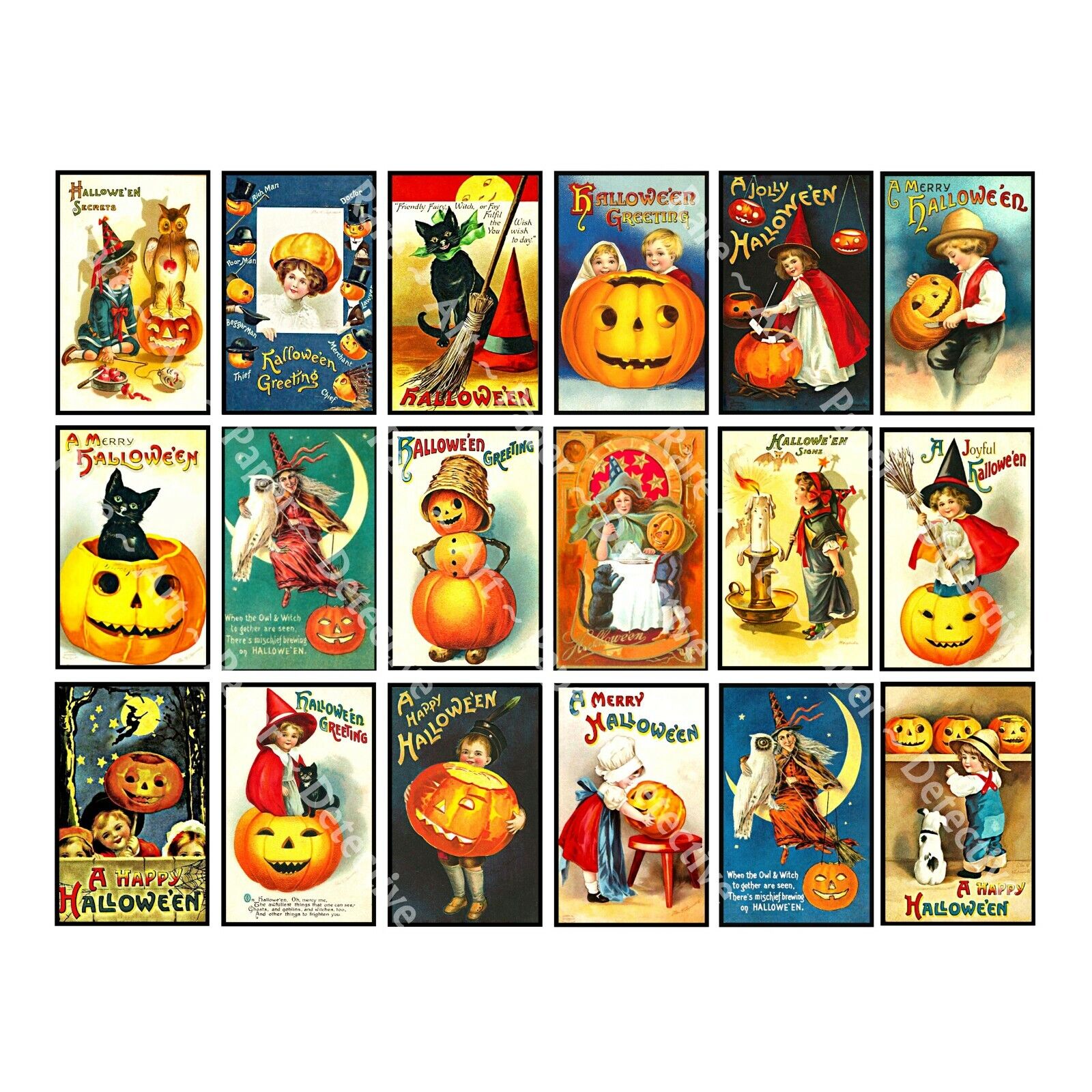 Halloween Stickers, 18 Victorian Card Decals on 1 Sheet, Antique Halloween Decor