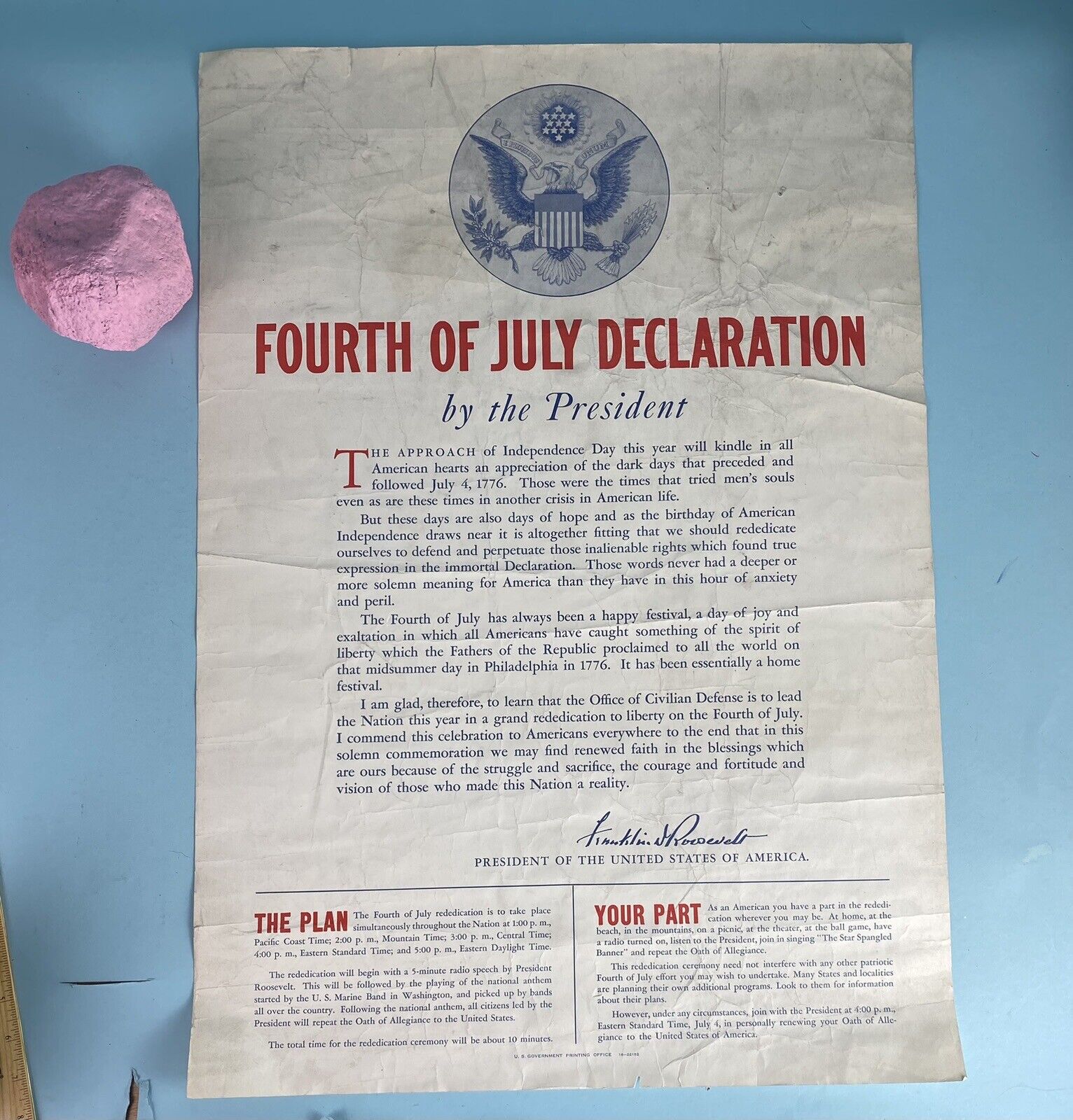 Rare 4th Of July Proclamation Poster FDR circa 1941-1945. 20” X 26”