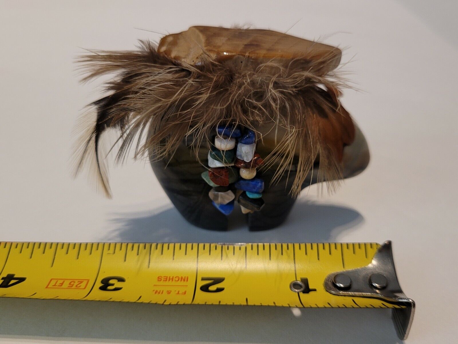 Early Native Zuni Carved Stone Bear Fetish  Feathers Gemstones 2.5\