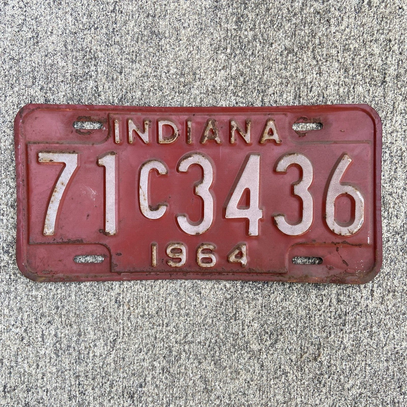 Vintage 1964 Indiana License Plate 71 C 3436 Red White IND-64