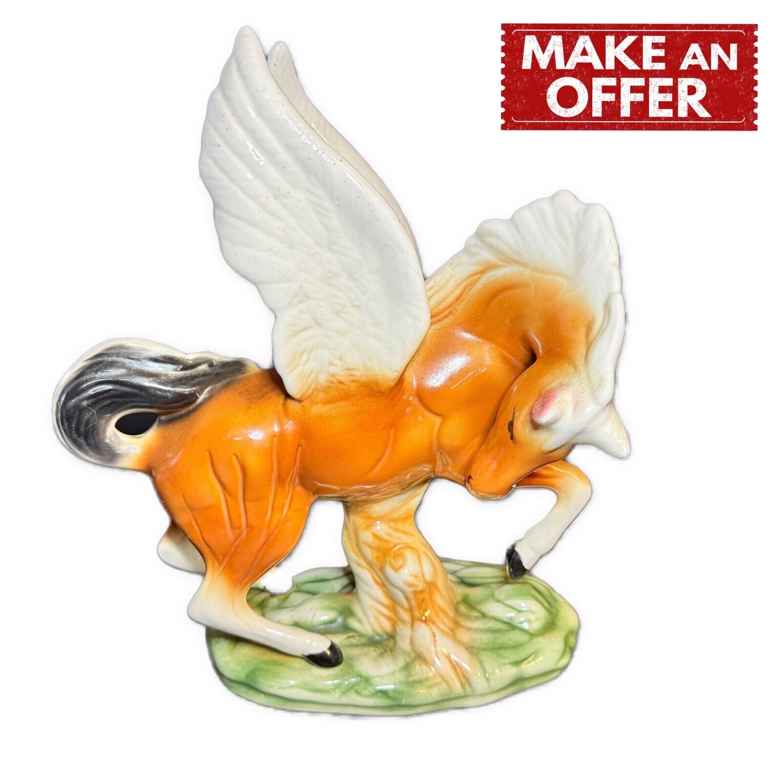 Vintage Brown Pegasus Horse Ceramic Statue Collectible