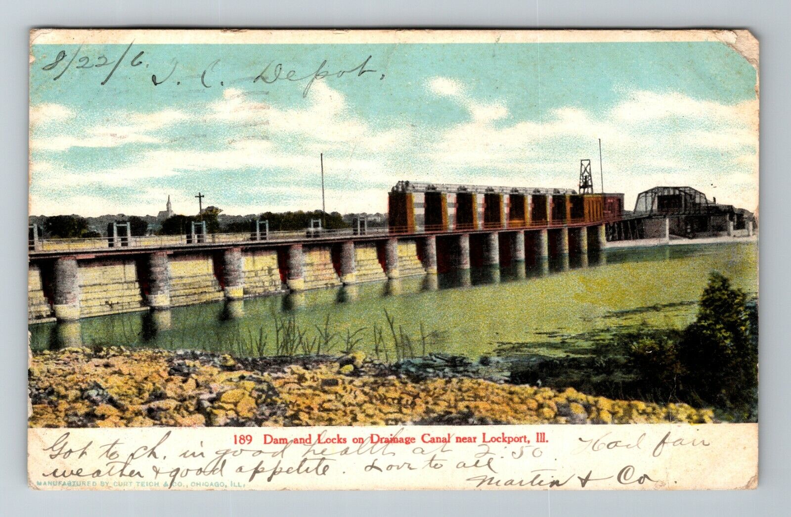 Lockport IL-Illinois, Dam & Locks on Drainage Canal, c1906 Vintage Postcard