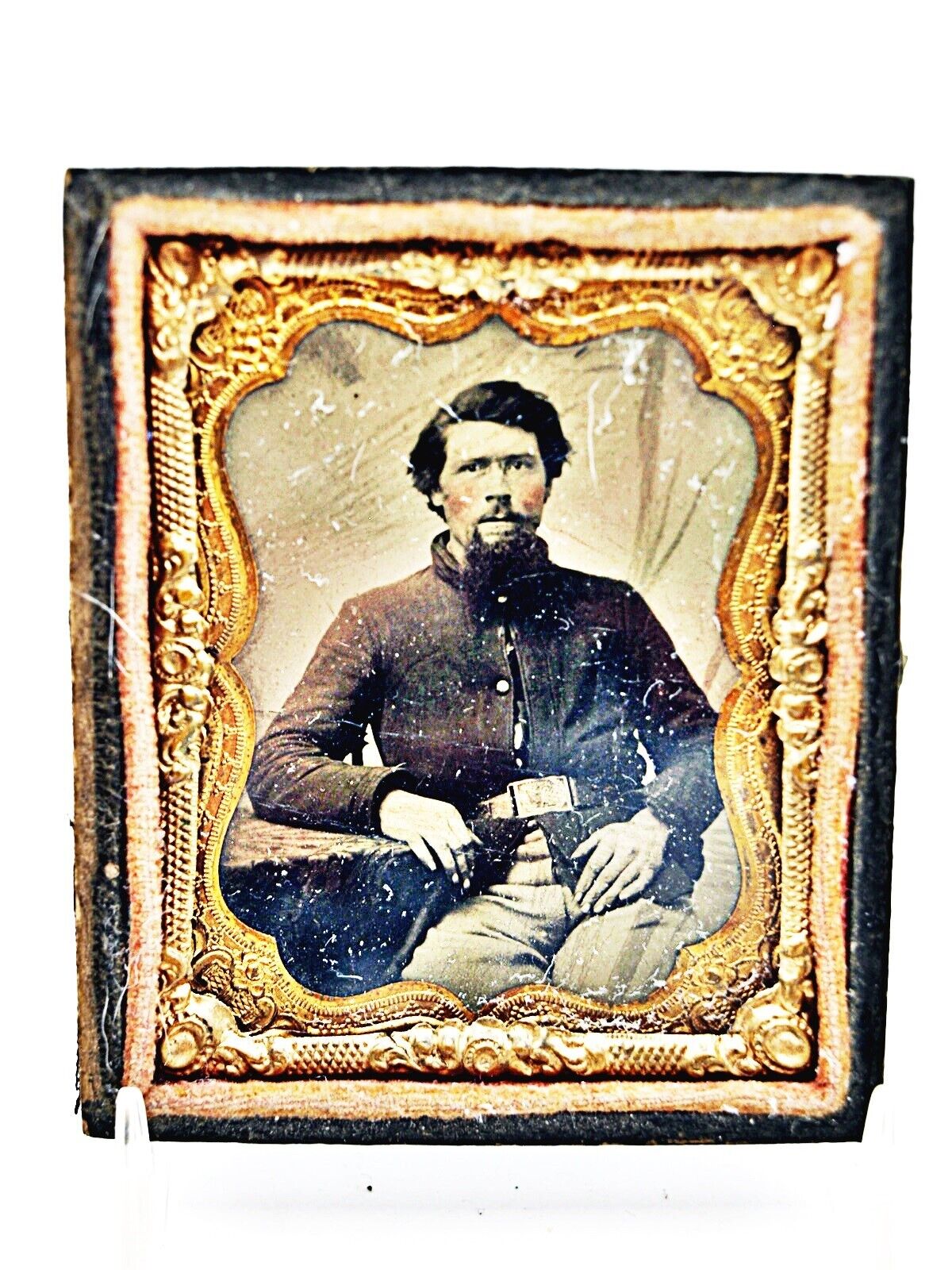 Antique 1/9 Plate Tin Type of Civil War Soldier Matted In 1/2 Case