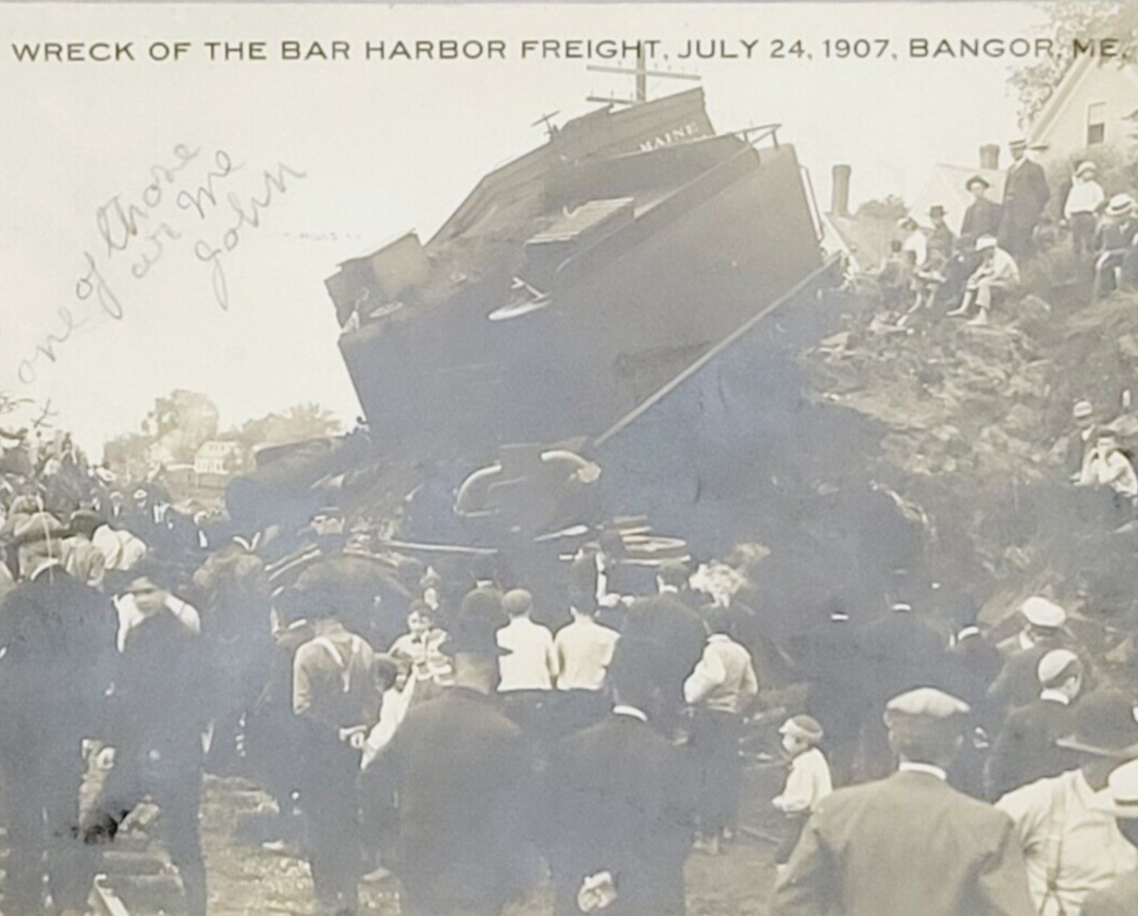 Rare 1907 RPPC Photo Postcard Bangor Maine Train Wreck Bar Harbor Freight ME