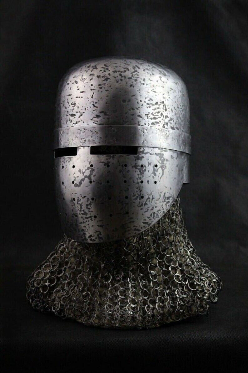 Hammered 16 Gauge Steel Medieval Blackened Great Knight Crusader Helmet W Chain