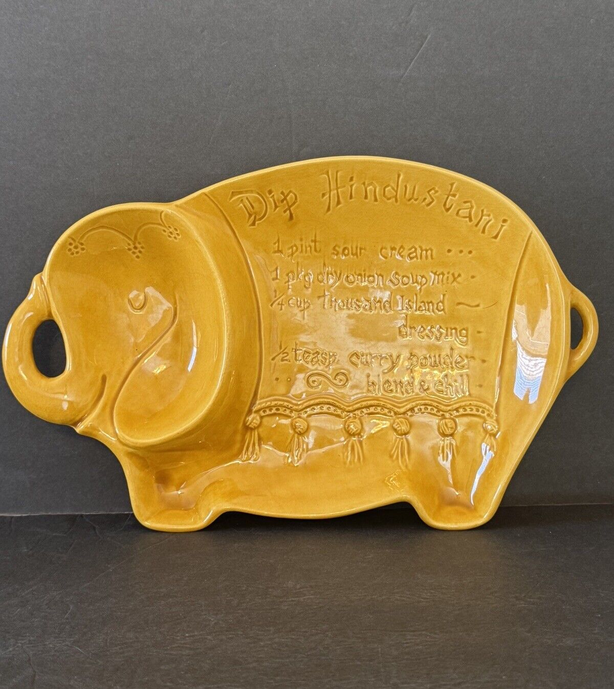Vtg Ceramic Elephant Platter US Pottery Yellow Mid Century Dip Tray Dish Recipe