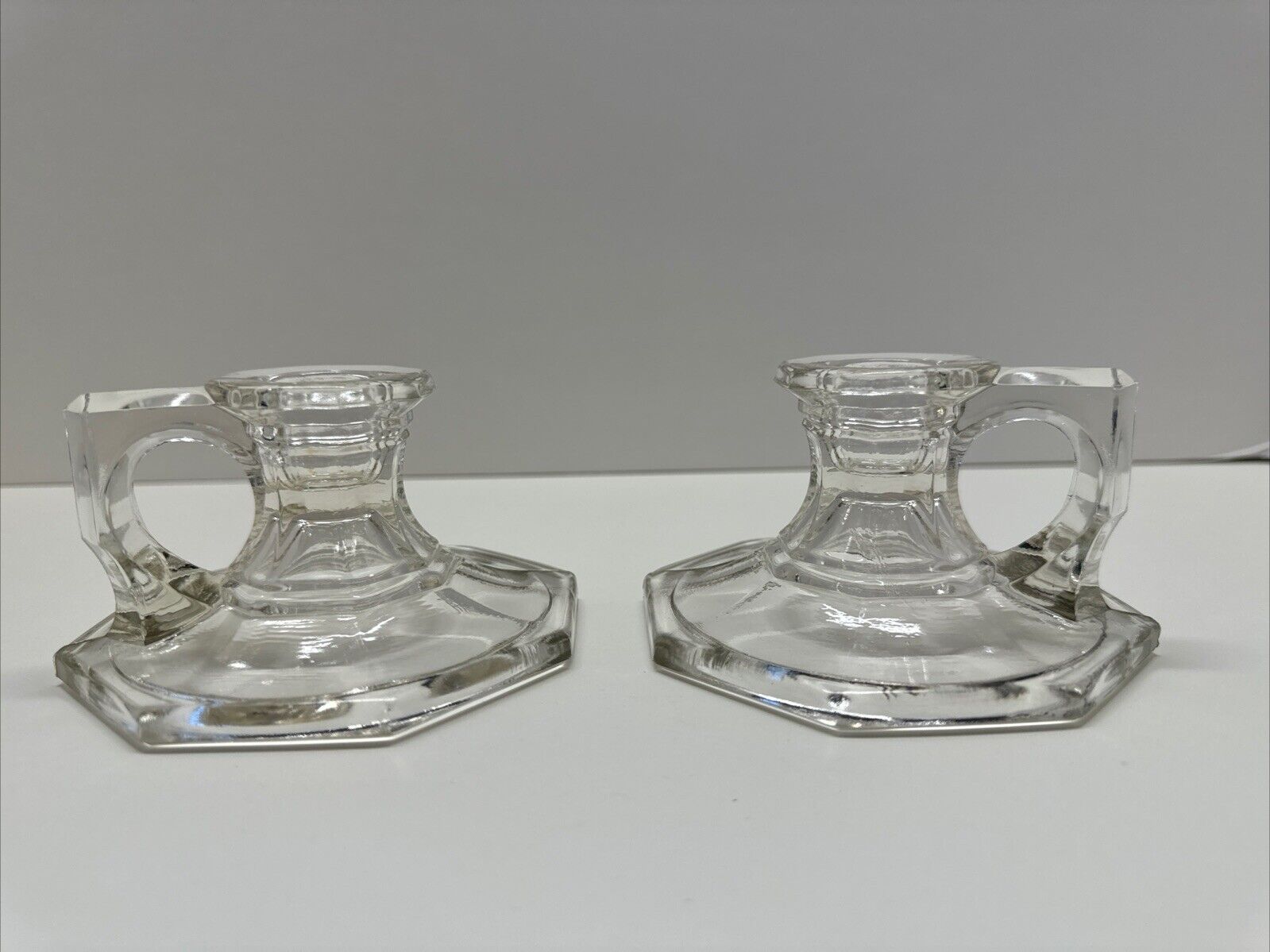 Pair Of Clear Glass Chamber Candle Holders Octagon With Handle MCM Vintage 2pcs