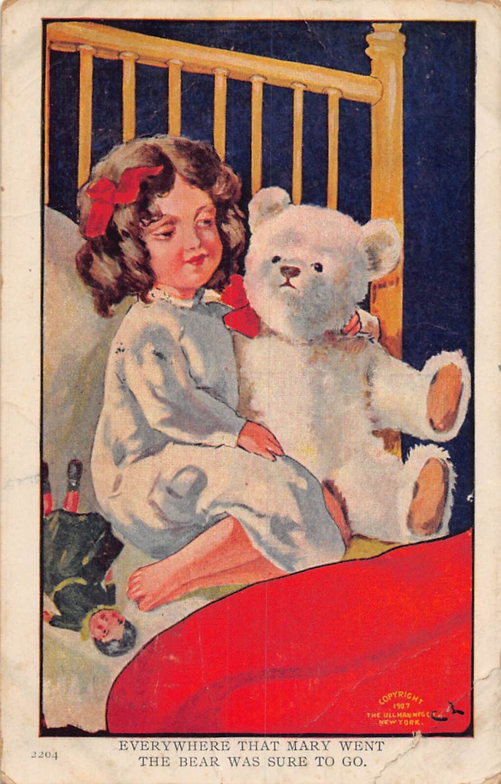 J77/ Teddy Bear Postcard c1910 Comic Toy Cute Girl Bed Mary 329
