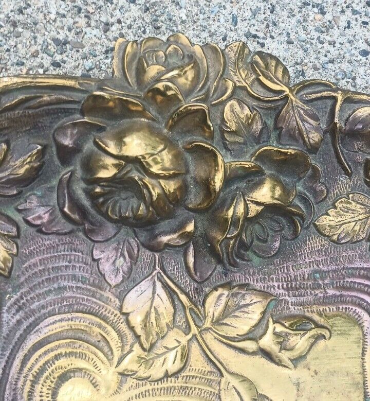 Antique French Art Nouveau Bronze Tray / Card Receiver Depose Flowers Excellent 