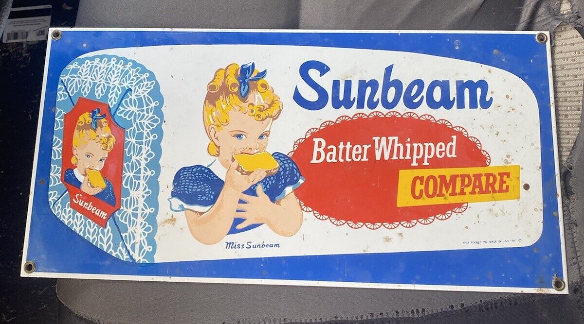 Vintage Miss Sunbeam Batter Whipped Bread Grocery Store  Porcelain Metal Sign