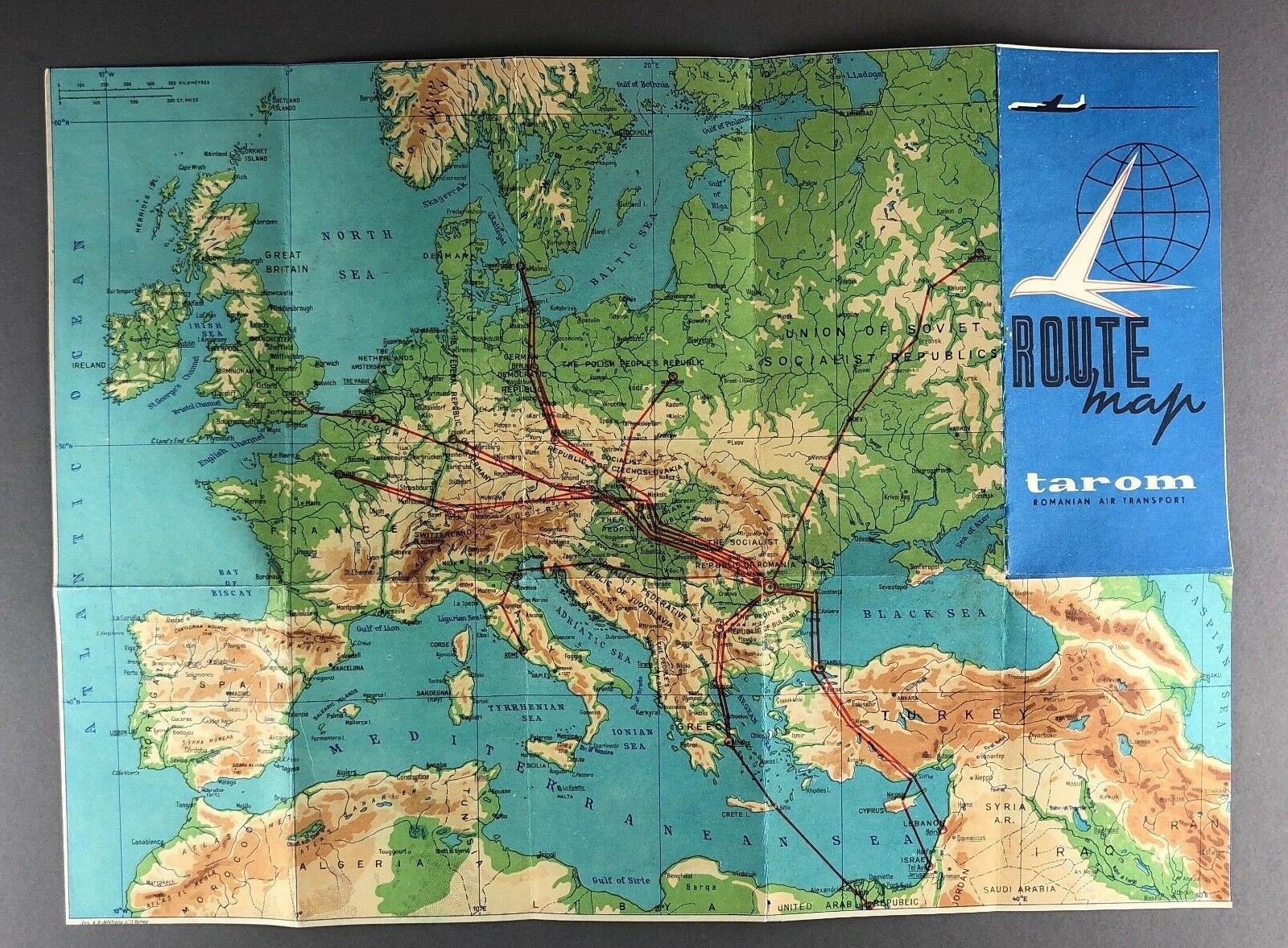 TAROM ROMANIAN AIR TRANSPORT VINTAGE AIRLINE ROUTE MAP 