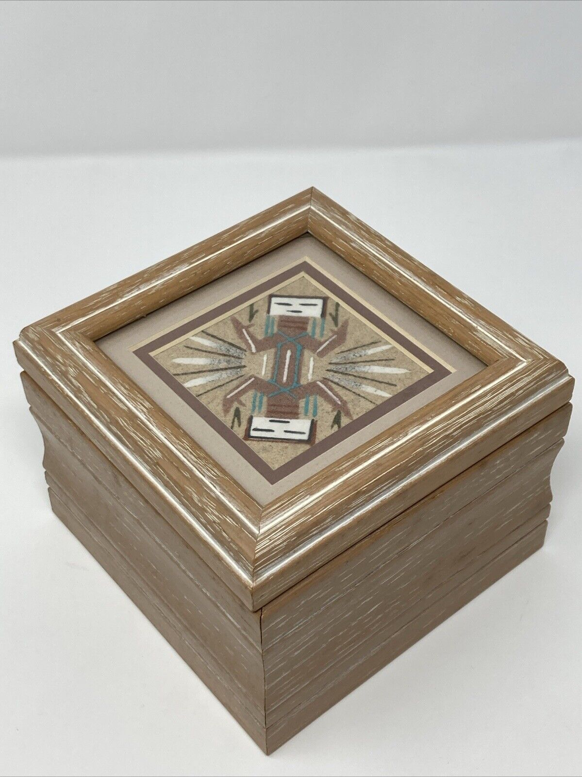 Vintage Native American Navajo Signed Sand Art Wooden Box Keepsake Trinket