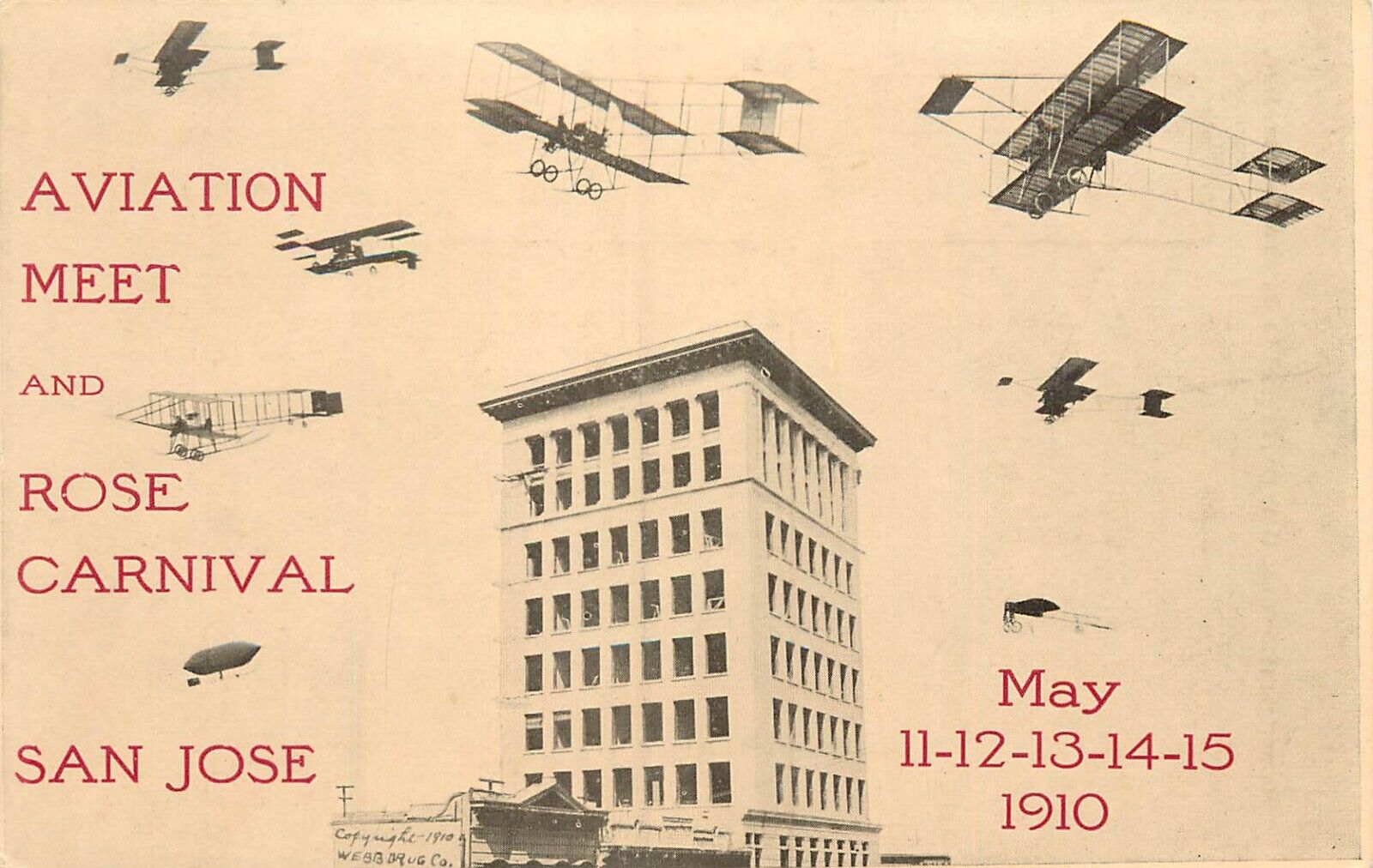 Vintage Postcard Aviation Meet And Rose Carnival San Jose CA May 1910 Webb Drug