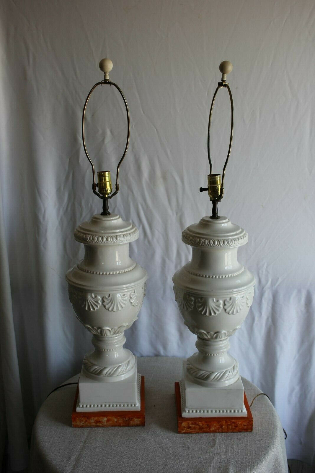 Large Pair of Carved White Porcelain Table Lamps