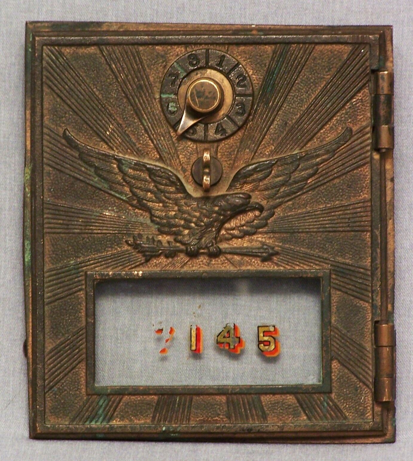 VINTAGE  BRASS POST OFFICE BOX DOOR WITH EAGLE, 5 INCHES X 6 INCHES.