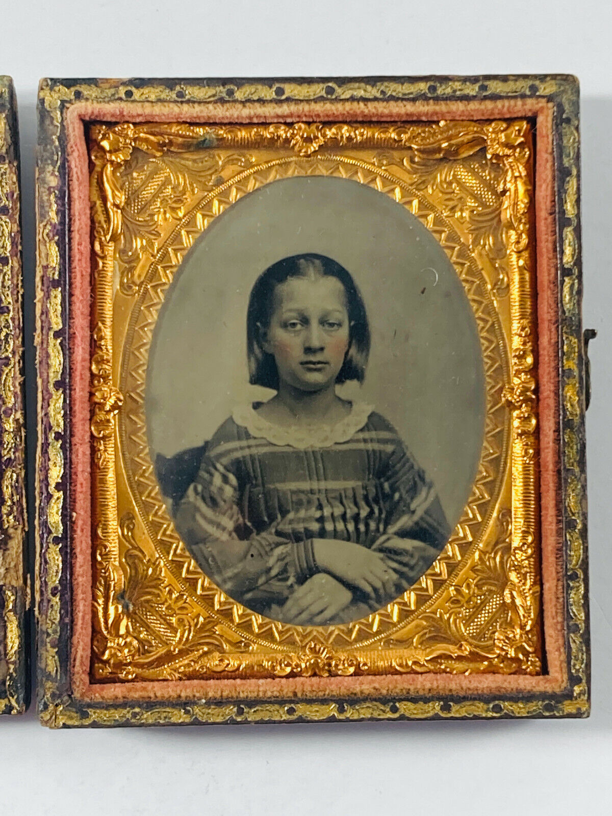 Antique 1/9th Plate Tintype young girl w/ blush cheeks in case civil war era