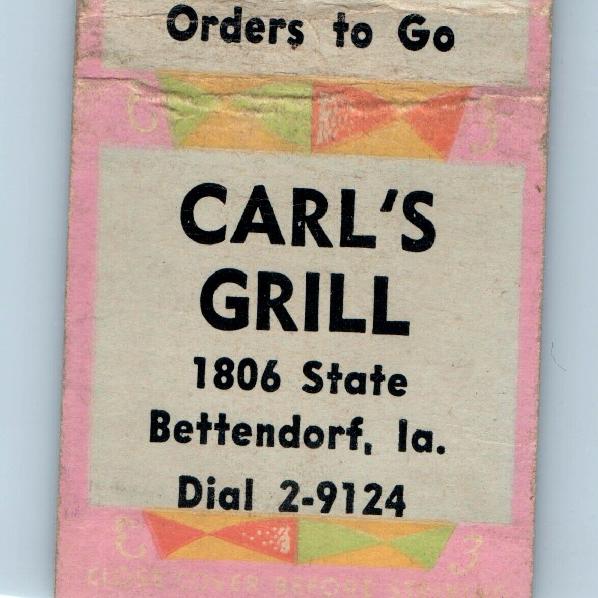 c1940s Bettendorf, IA Carl's Grill Matchbook Cover Steak Chicken Iowa Vtg C18
