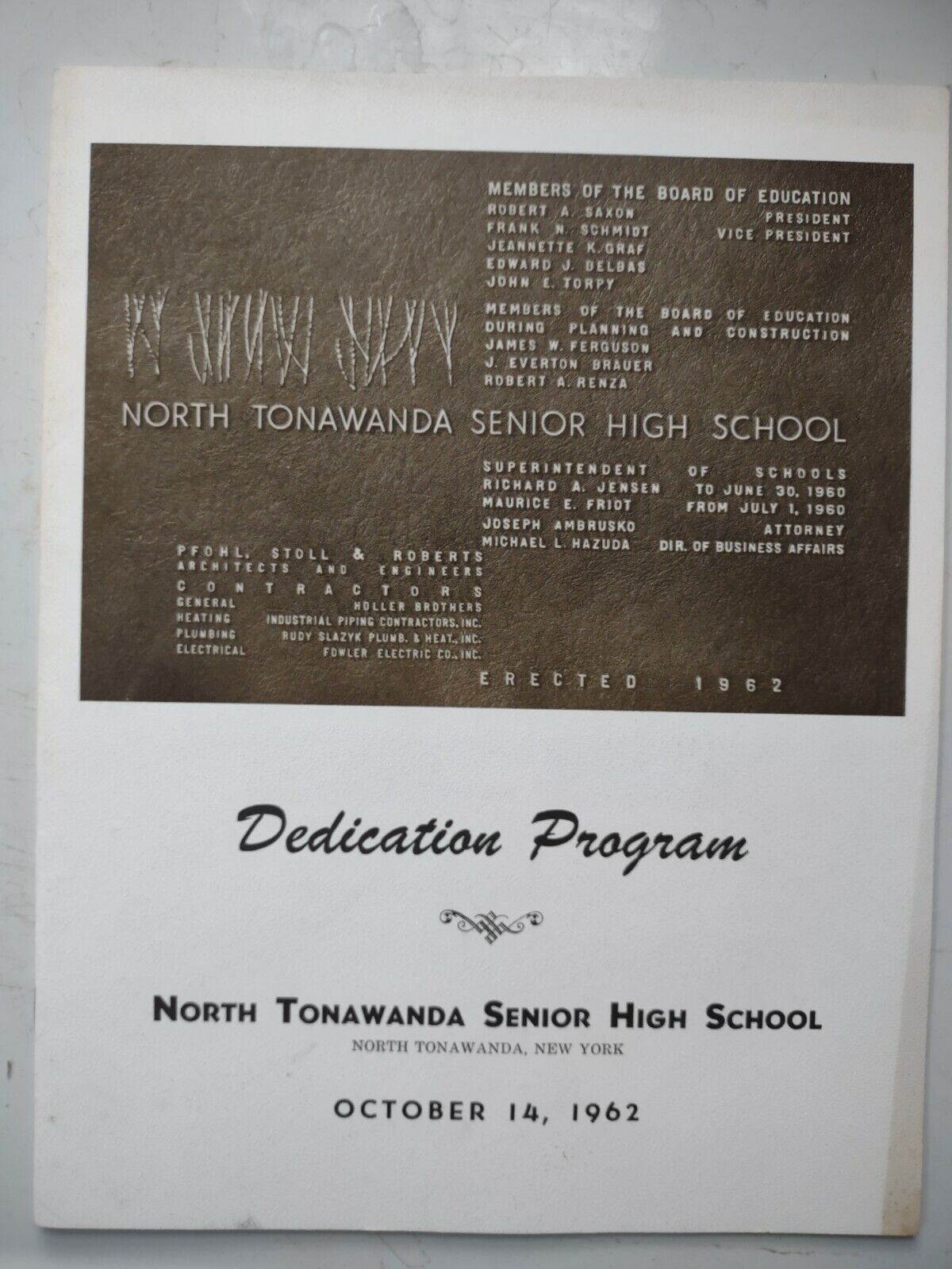 1962 North Tonawanda NY High School Dedication Program