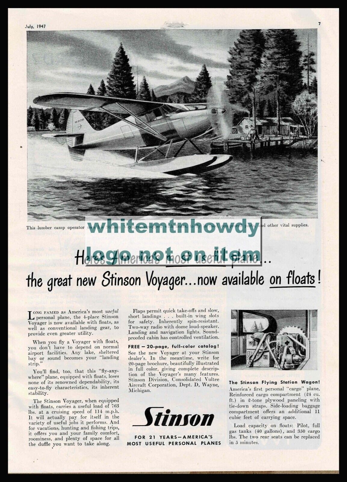 1947 STINSON Voyager w/floats Lumber Camp Delivery Vintage Aircraft Aviation AD