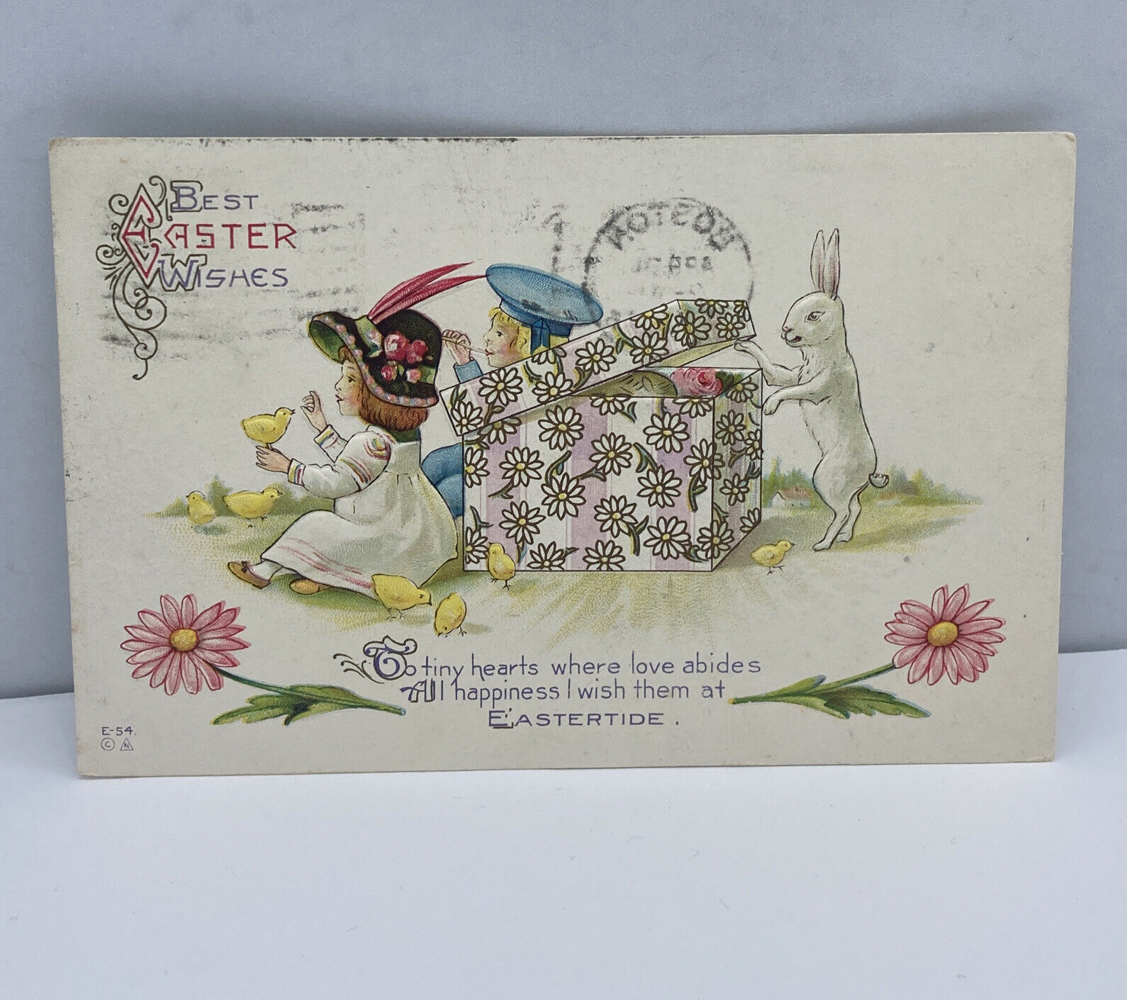EASTER – Rabbit Opening Gift Box Postcard Posted 1916