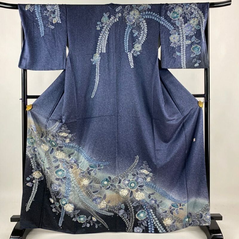 Woman Japanese Kimono Houmongi Silk Tsujigabana Gold Foil Blur Indigo Blue