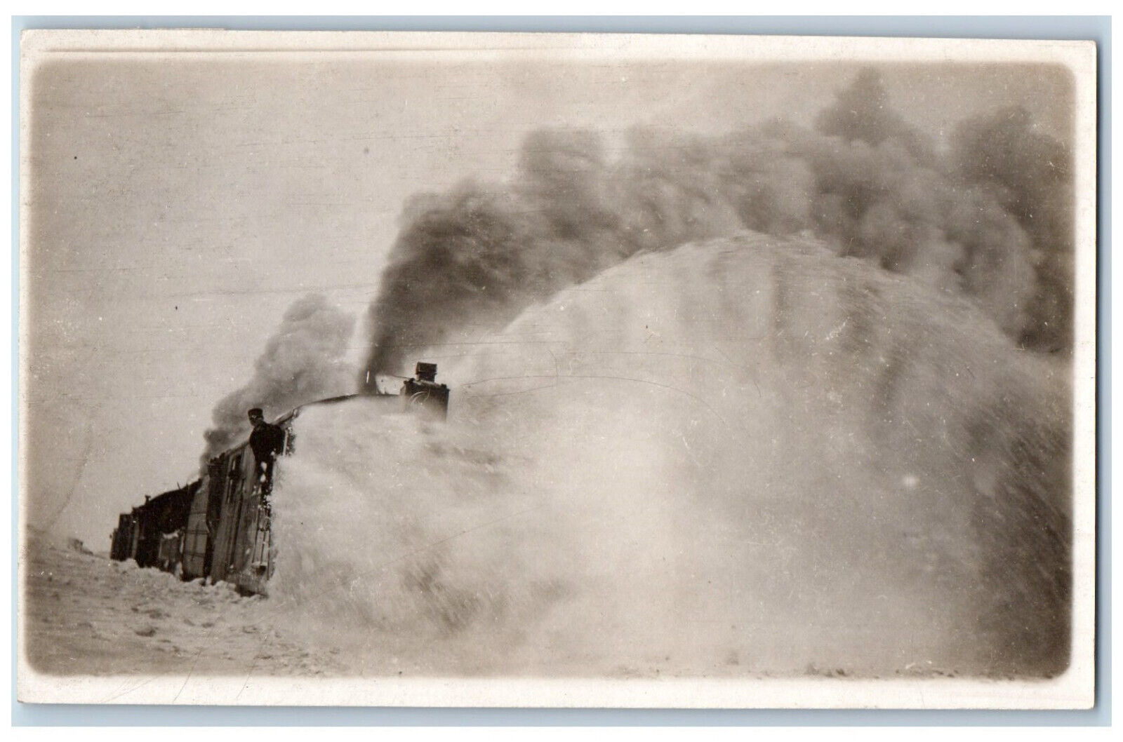 Postcard Close View of Locomotive Train Smoke Snow 1917 RPPC Photo Antique