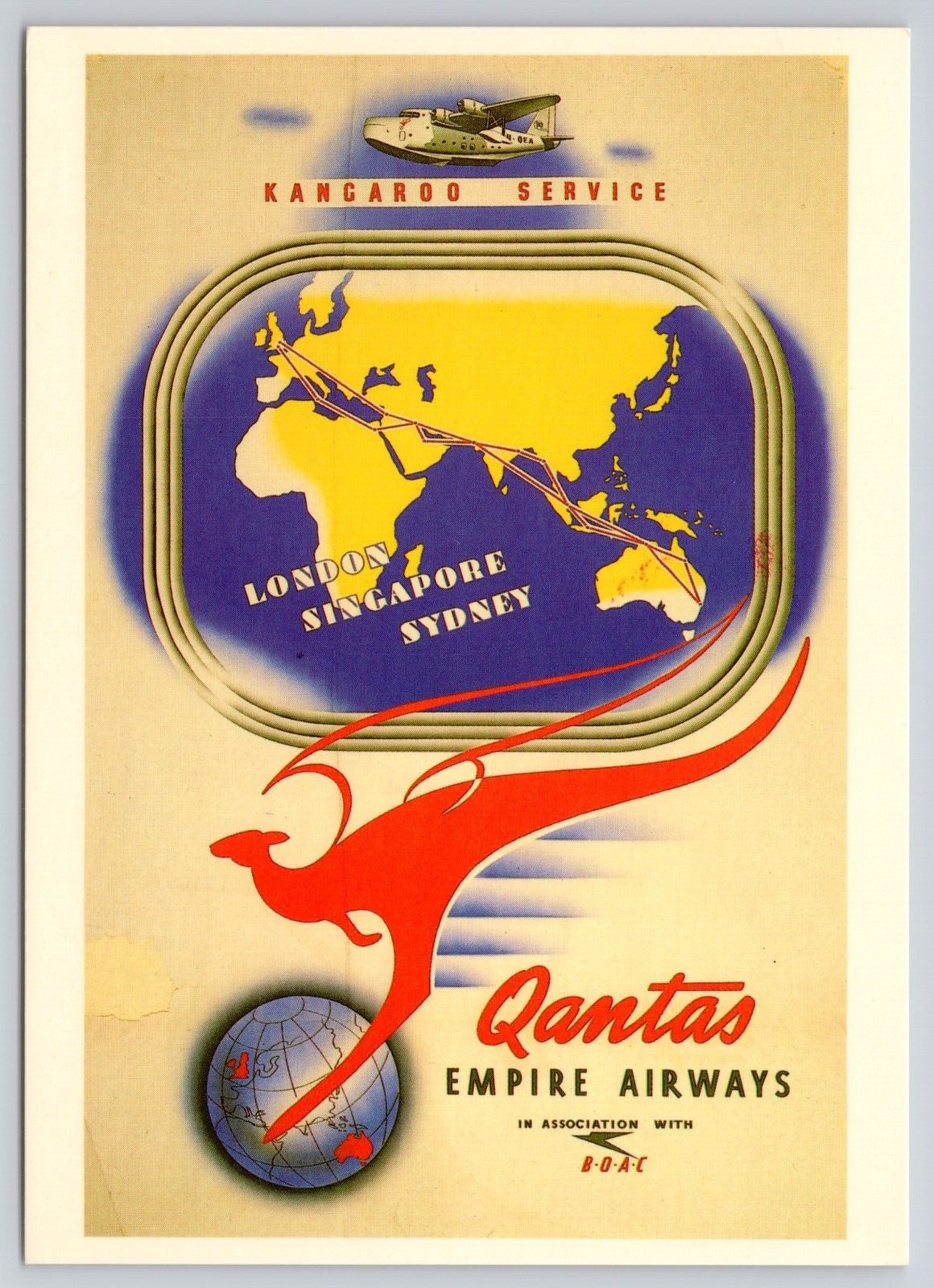 QANTAS Empire Airways Kangaroo Service Poster Continental Postcard (HTC)
