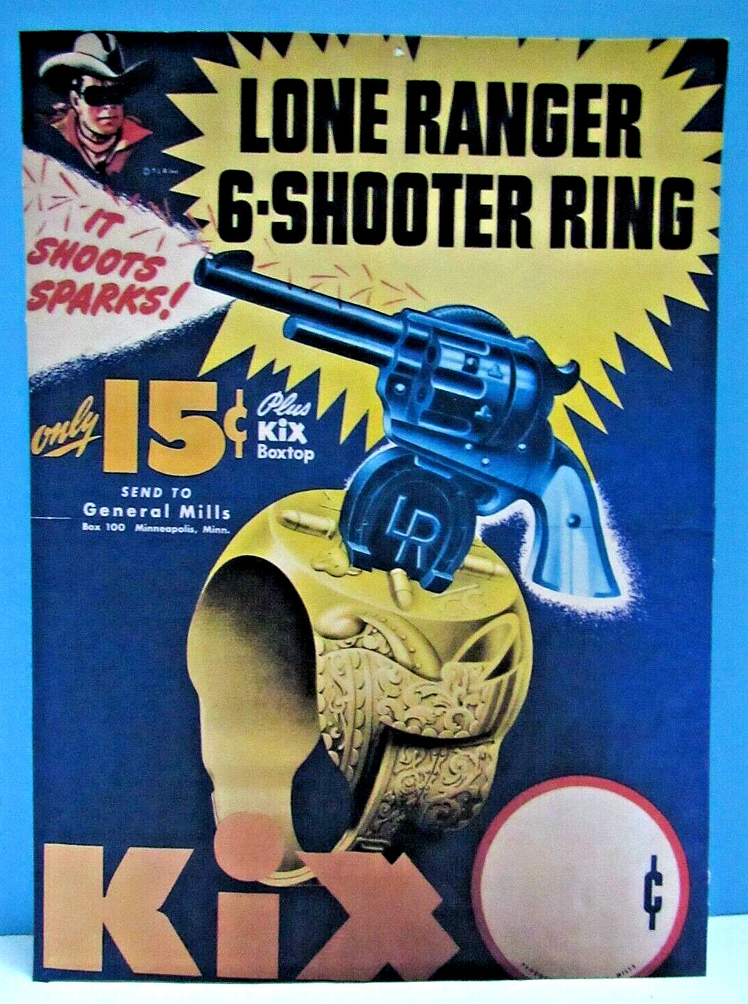 LONE RANGER 6-SHOOTER RING RETRO AD BY GENERAL MILLS ON HEAVY CARDBOARD BACKING