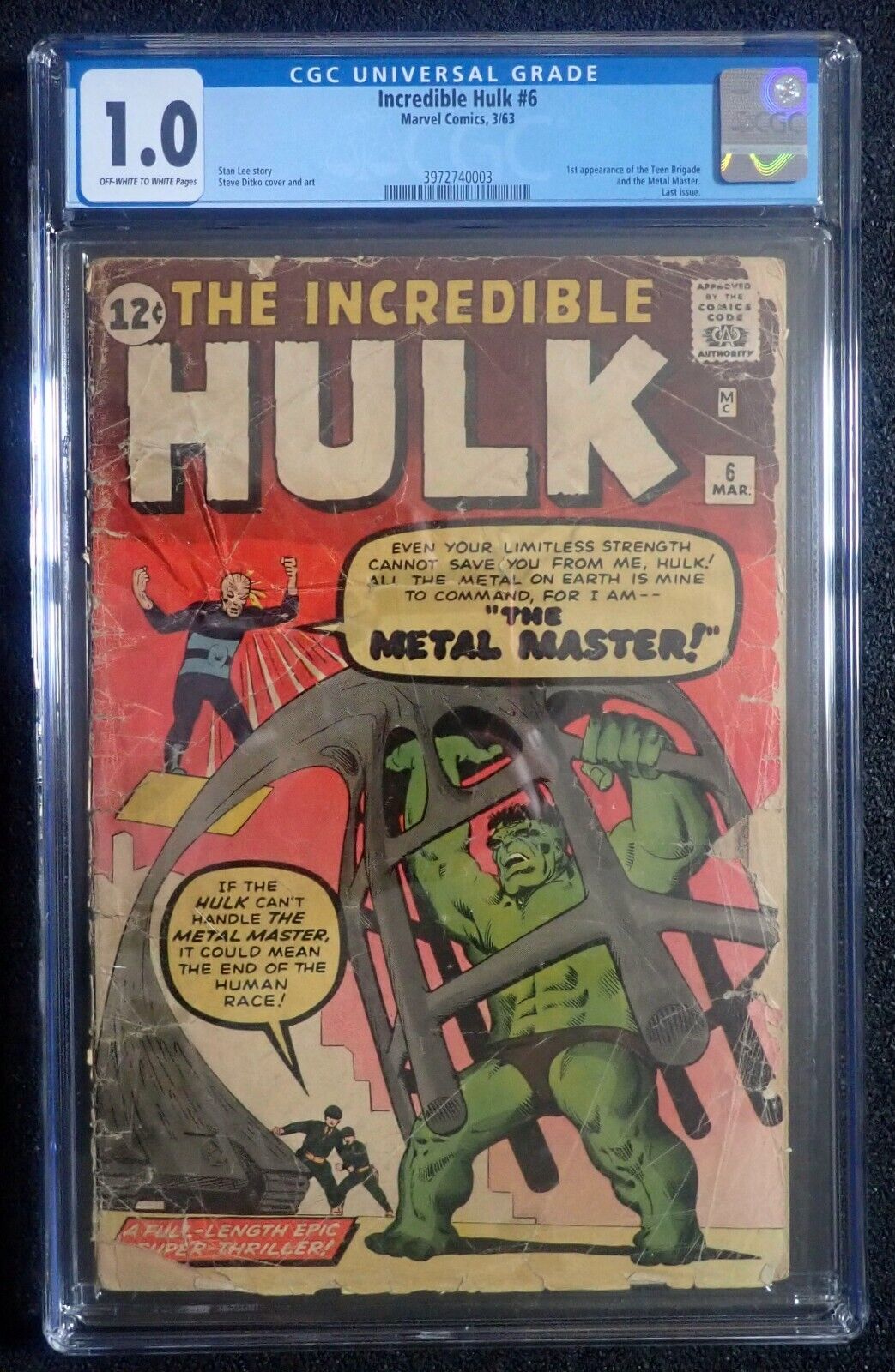 Incredible Hulk #6 👽 CGC 1.0 OW/WH 👽 1st Metal Master & Teen Brigade 1963