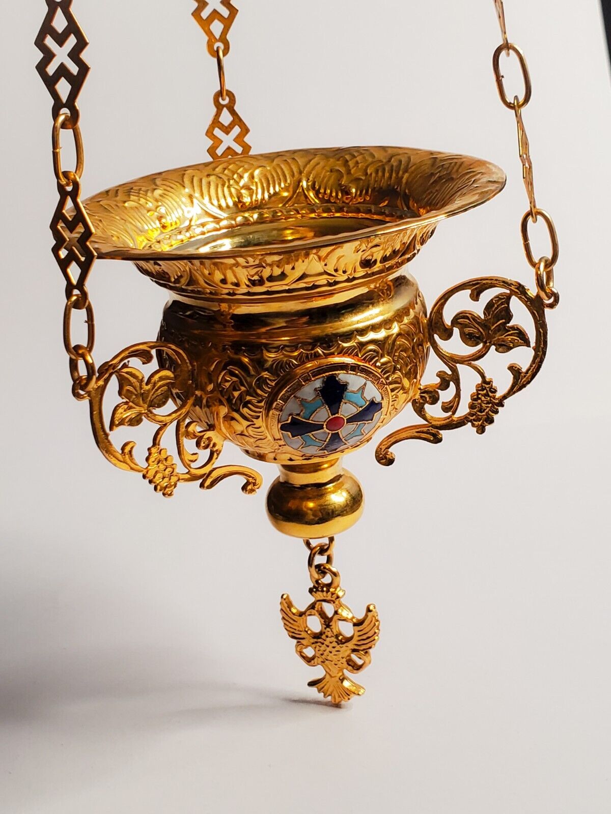 Vintage Orthodox Christian 3 Chain Hanging Votive Vigil Oil Lamp Gold 19\