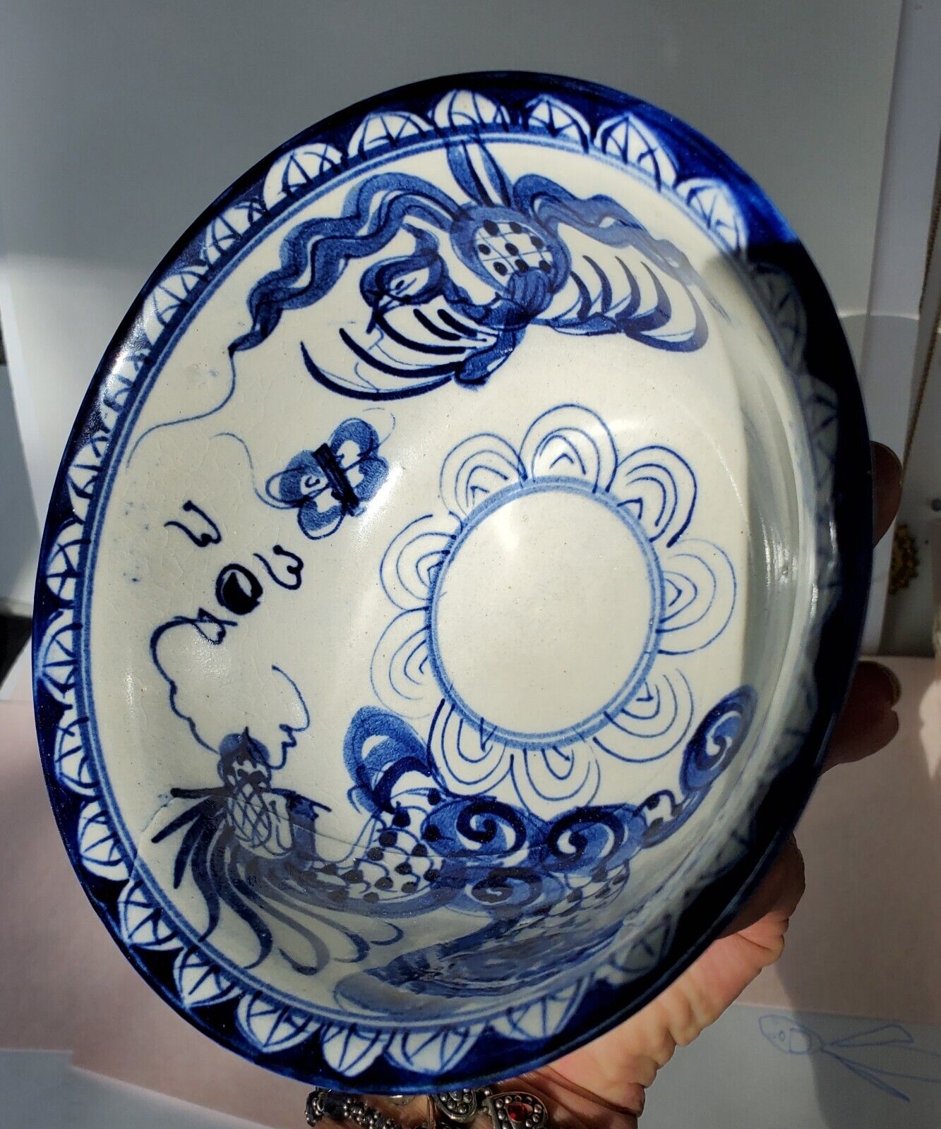 Vintage chinese blue and white porcelain Bowl Dragon Phoenix Bird 