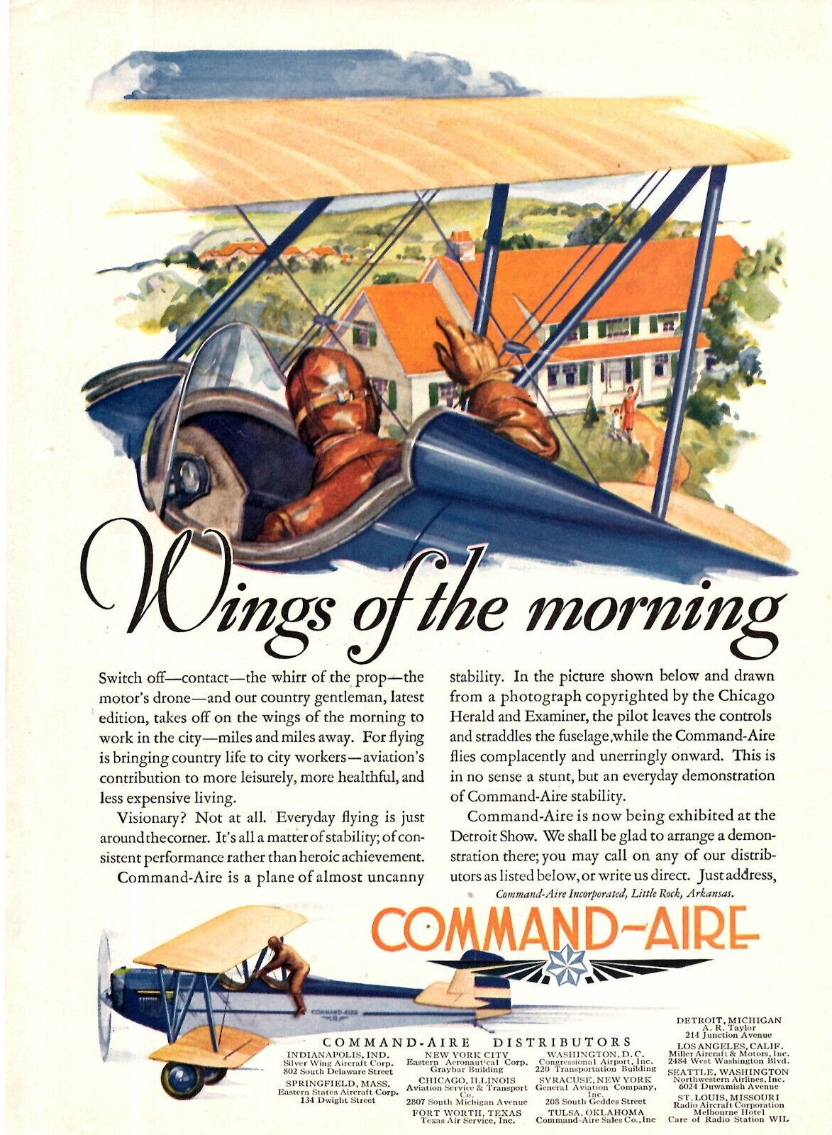 1929 Print Ad Command-Aire Wings of the Morning Airplane Illustration Bi-Plane