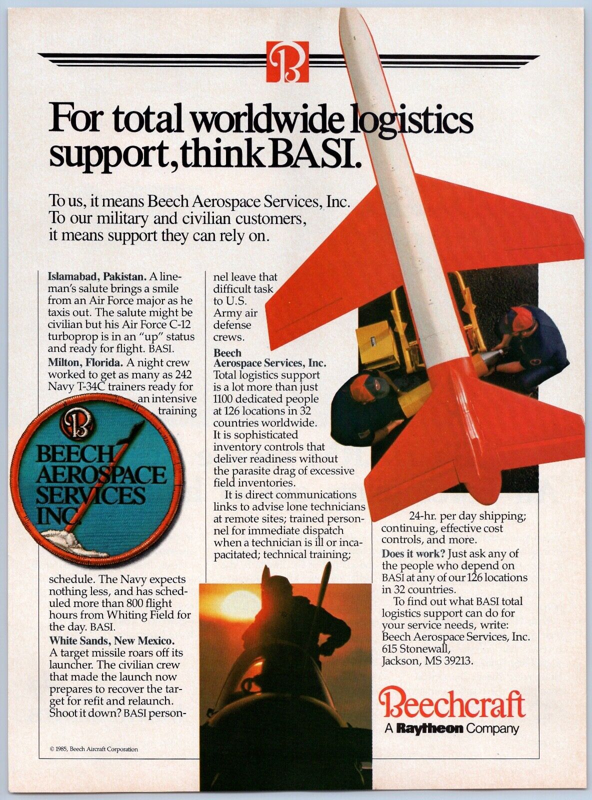 1985 Beechcraft Aviation Ad Beech Aerospace Services Missile BASI Military