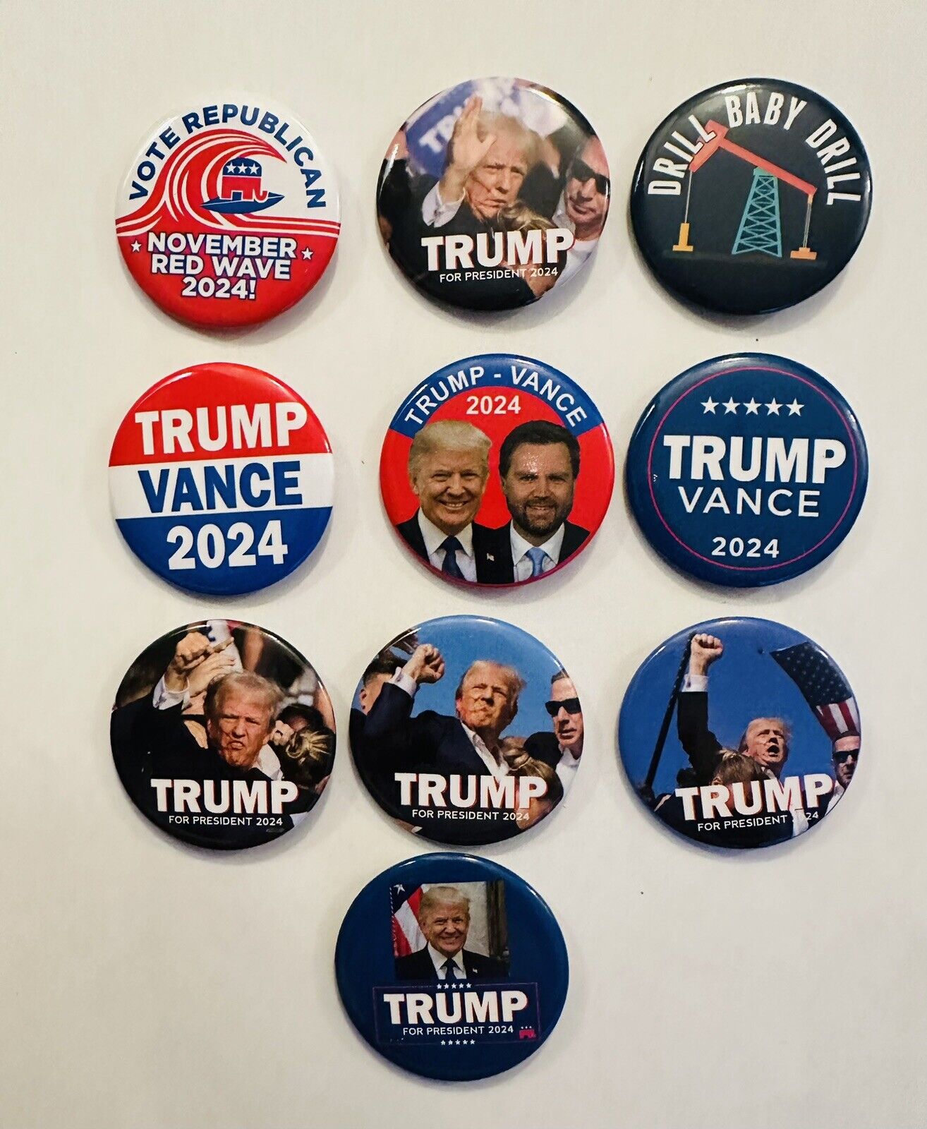 2024 Set Of 10-2-1/4” Donald Trump Pin Back Buttons