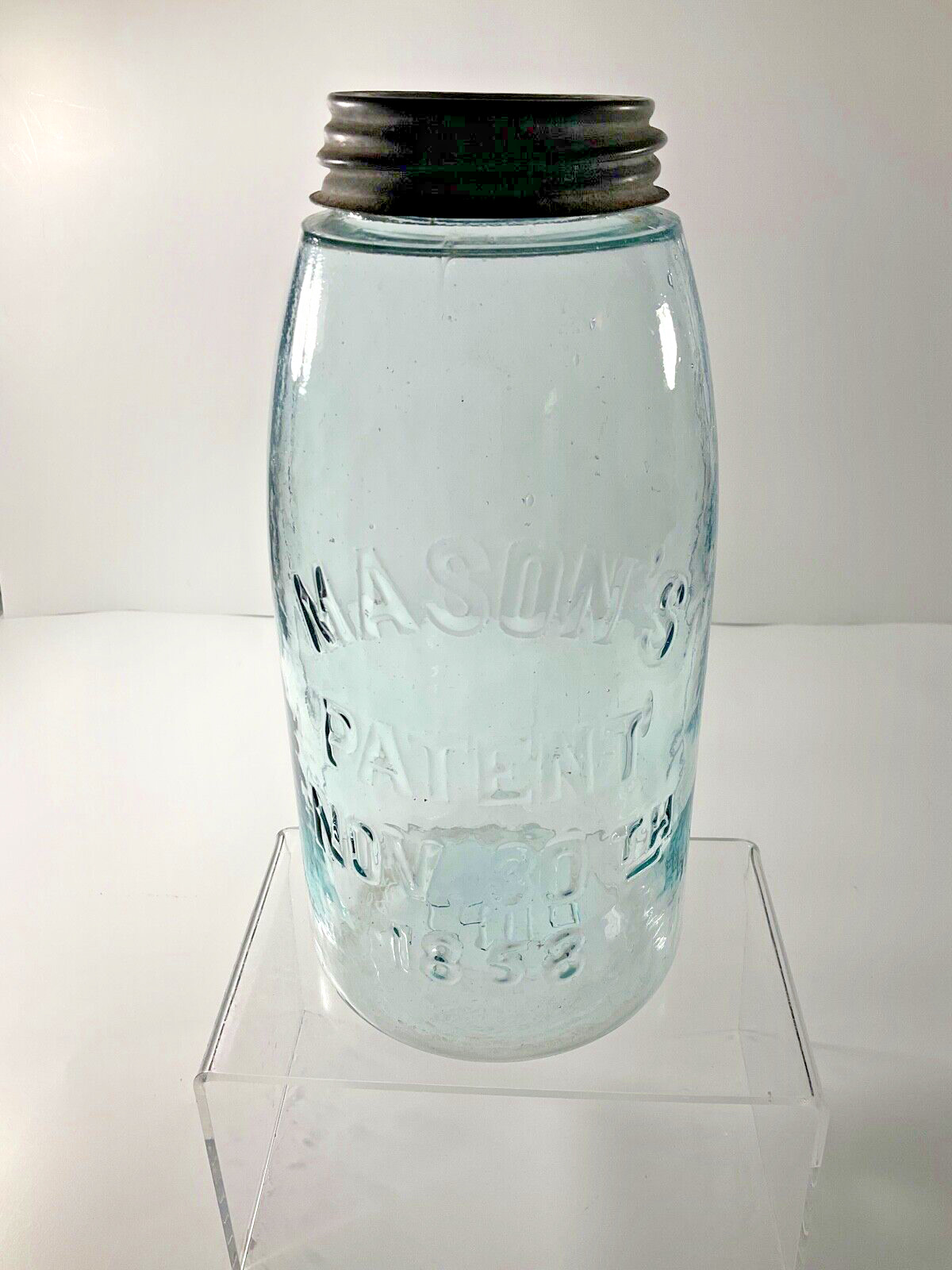 Antique, Aqua Blu Mason\'s Patent NOV 30th 1858, 2-Quart Canning Jar w/ Zinc Lid 