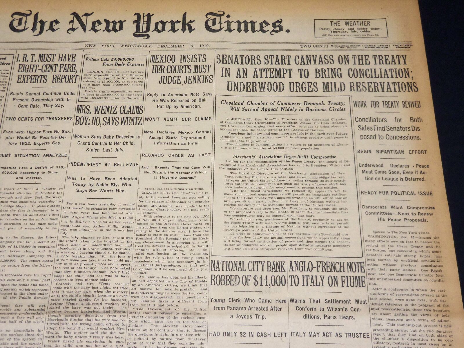 1919 DECEMBER 17 NEW YORK TIMES - SENATORS START CANVASS ON THE TREATY - NT 8540