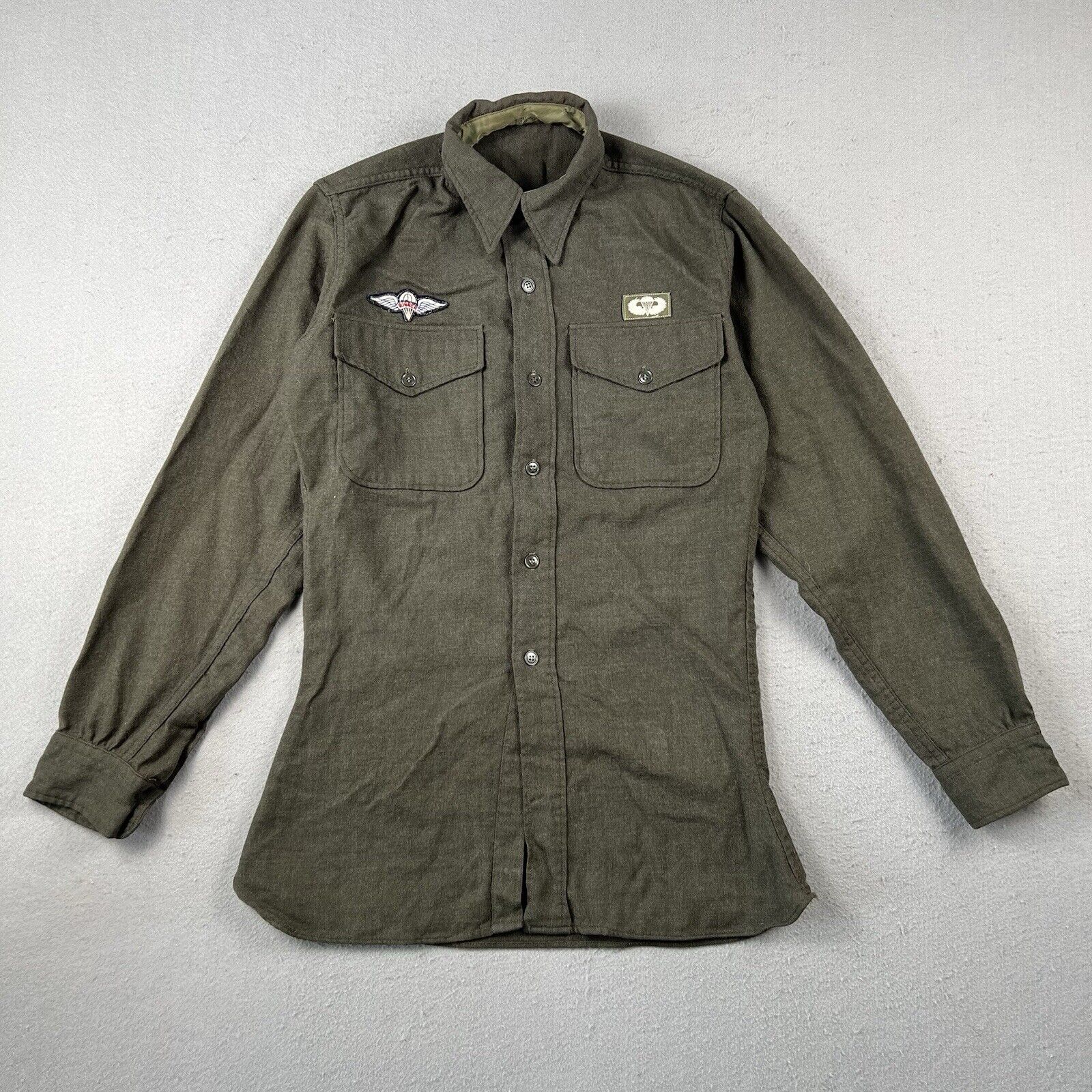 Rare Ww2 US Military Rigger Paratrooper Green Wool Button Up Shirt 15.5-34