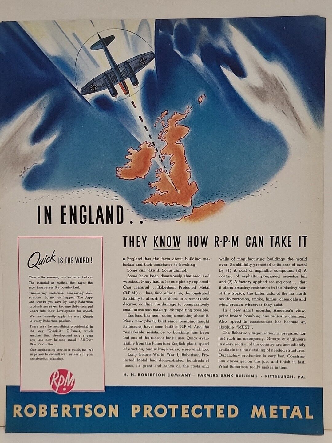 1942 Robertson Protected Metal Fortune WW2 Print Ad Q2 Bomber Airplane England