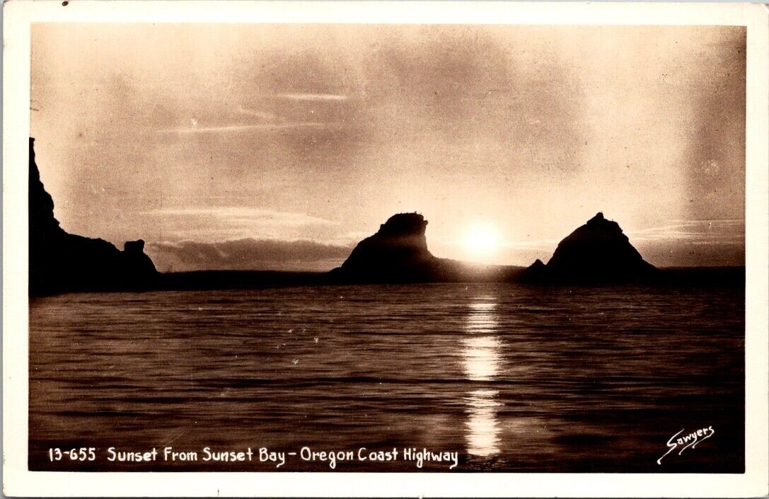 SAWYERS RPPC Sunset From Sunset Bay View Oregon Coast Highway Vintage Postcard