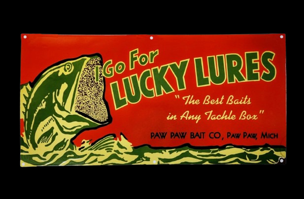 PORCELAIN LUCKY LURES ENAMEL SIGN 60X24 INCHES