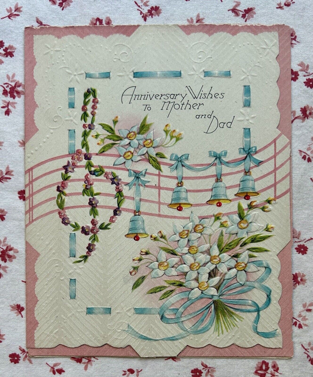 Vintage 1940s UNUSED Anniversary Wishes for Mother & Dad Treble Clef Card