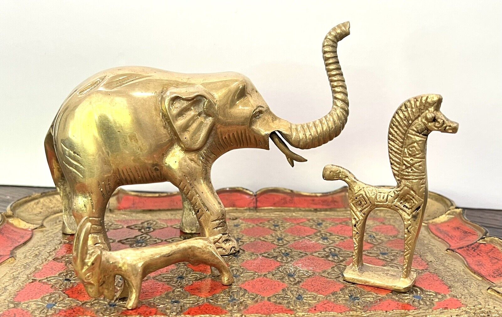 Vintage Brass Elephant, Zebra and Goat trio.