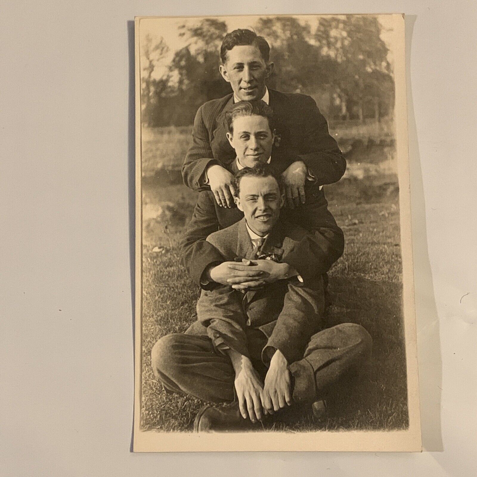 c. 1915 RPPC Handsome Young Men Affectionate Playful Gay Interest Postcard